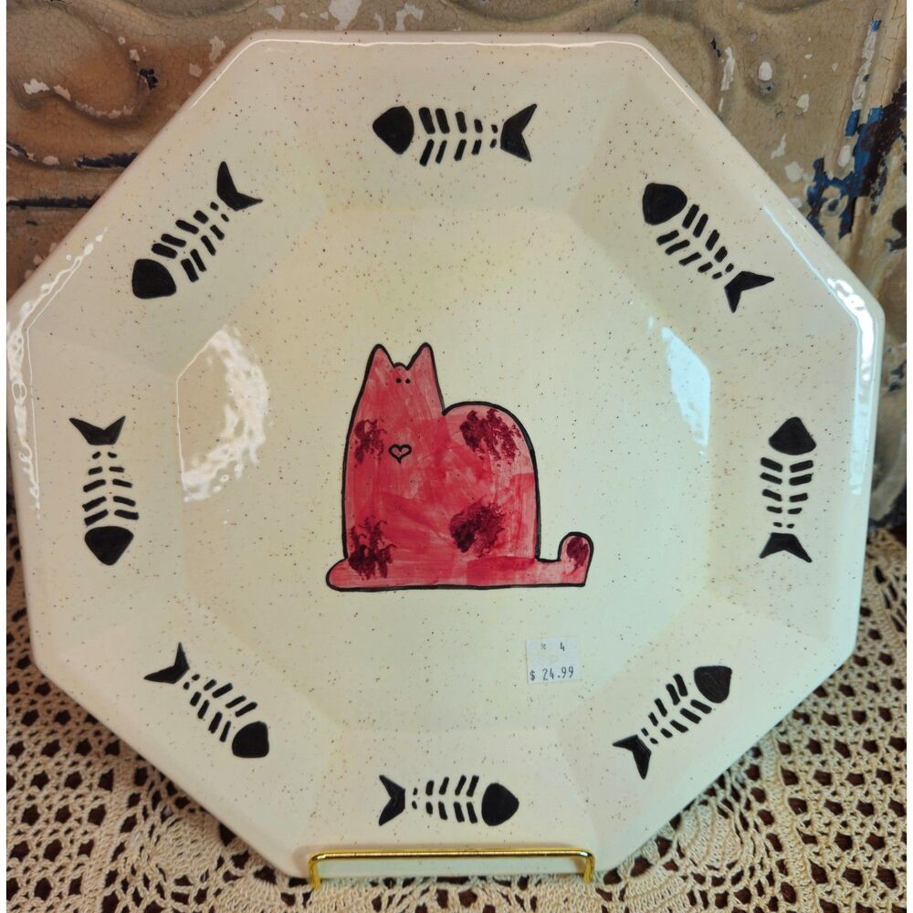 NWT Signed Octagonal Pink Cat Plate Serving Platter Pottery Off White 10.25"